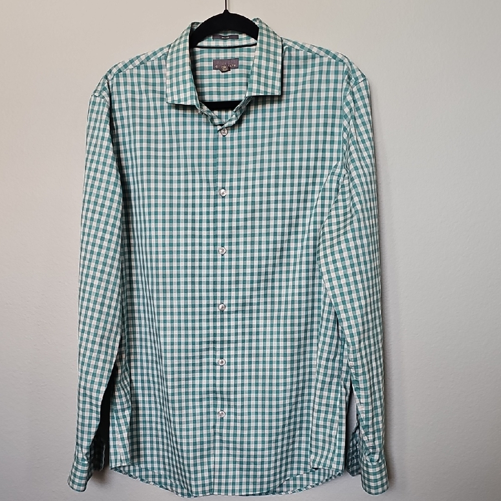 Calibrate No Iron Teal Checkered Gingham Men's Button Down Long Sleeve Shirt LG